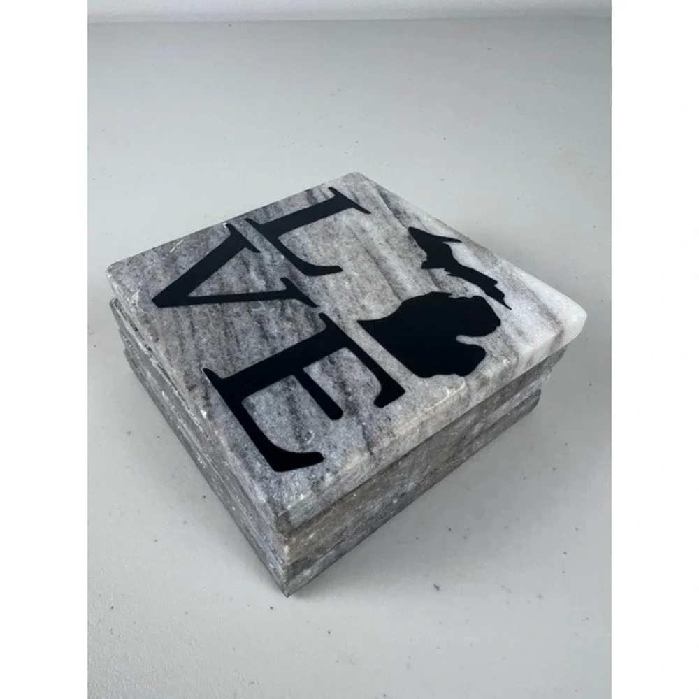 Michigan LOVE Marble Stone Coasters Set of 4 Grey White Natural Veining India